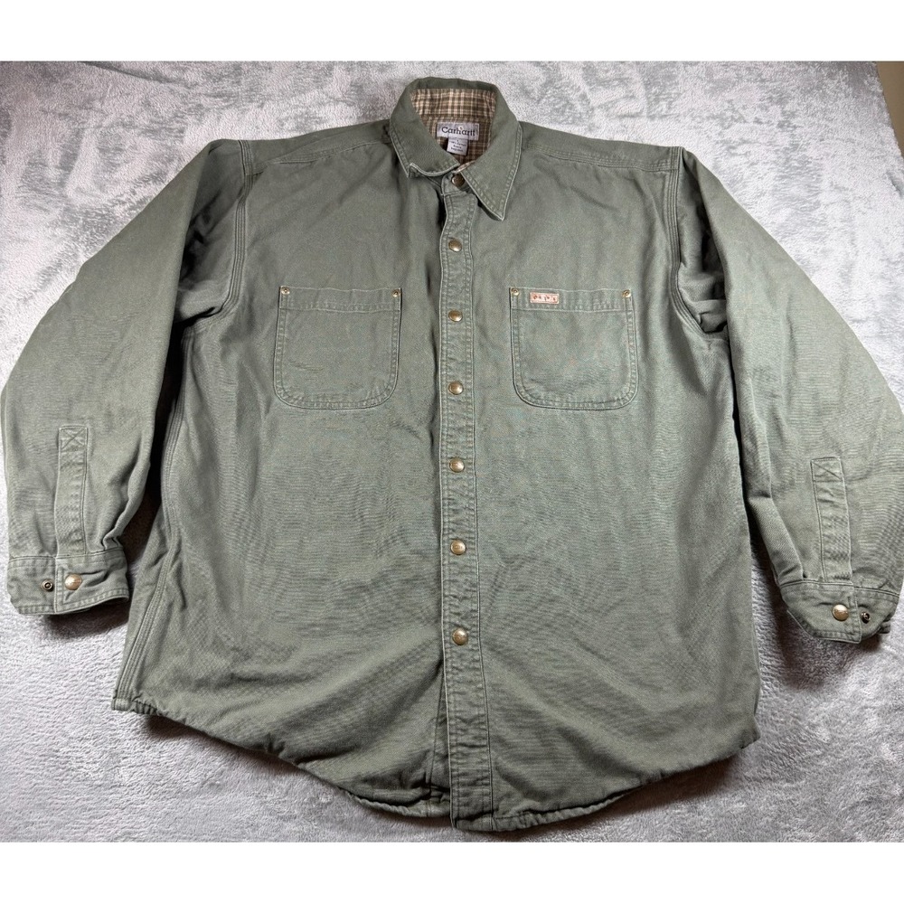Vtg Carhartt S96 MOS Shirt Jacket Men's L Moss Green Flannel Lined Workwear